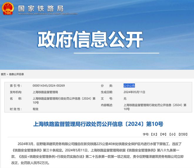 擅自在铁路安保区内进行水管下穿施工巨野隆泽建筑劳务公司被罚