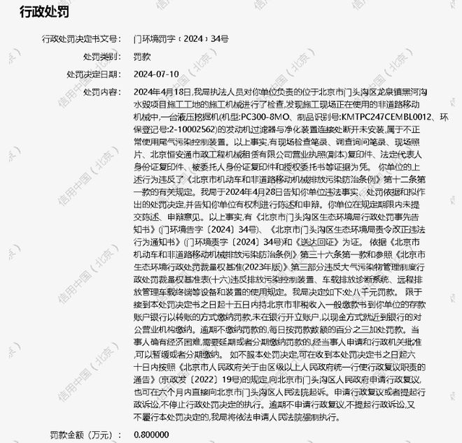 北京恒安通市政工程机械租赁有限公司被罚款8000元
