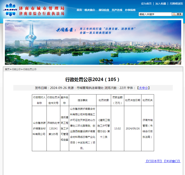 因违反建筑工程施工许可管理规定山东鲁发碳纤维复合材料公司被罚1302万元