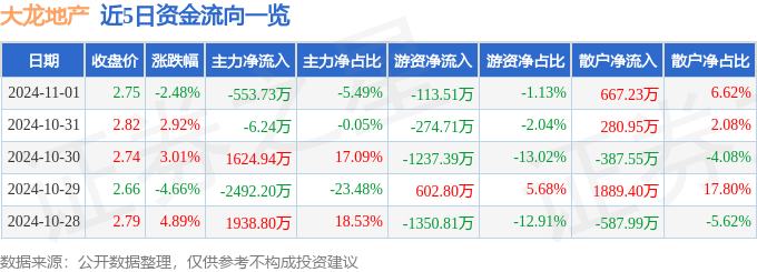 股票行情快报：大龙地产（600159）11月1日主力资金净卖出55373万元