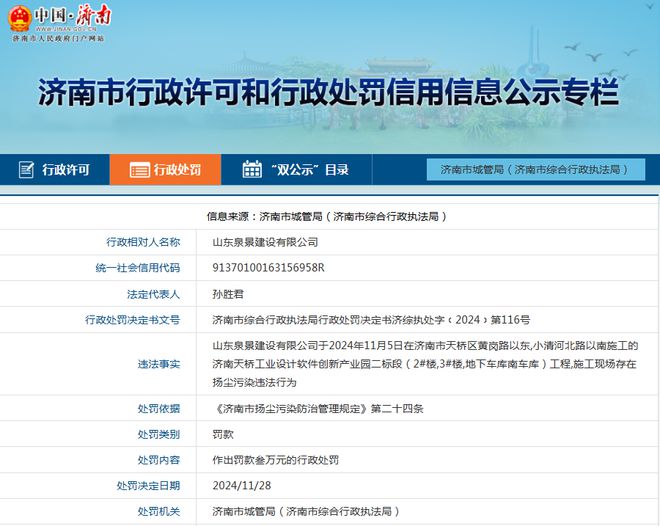 施工现场存在扬尘污染违法行为山东泉景建设再收罚单