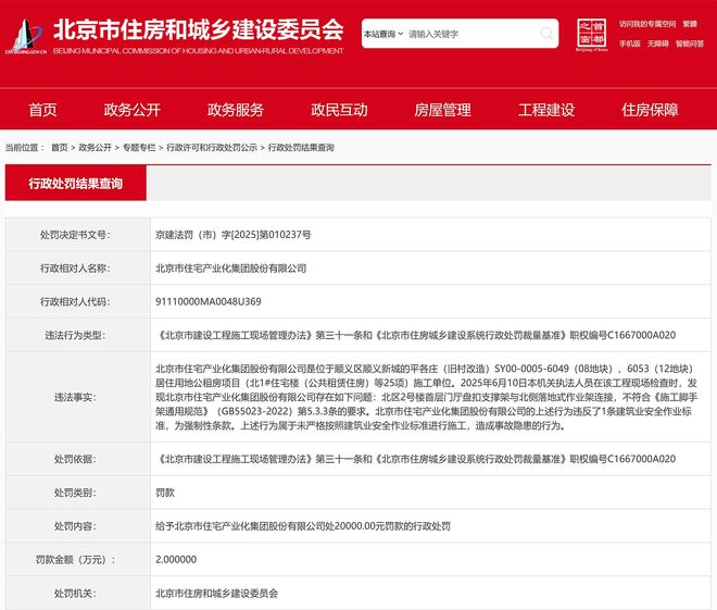未严格按照安全标准施工造成事故隐患北京市住宅产业化集团被罚(图1)