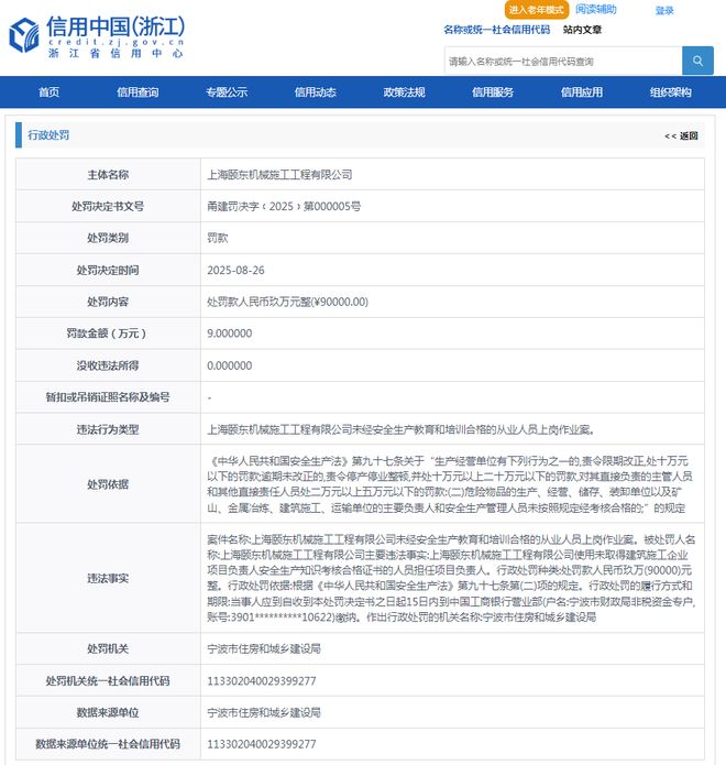 上海颐东机械施工工程有限公司违规被罚9万元(图1)