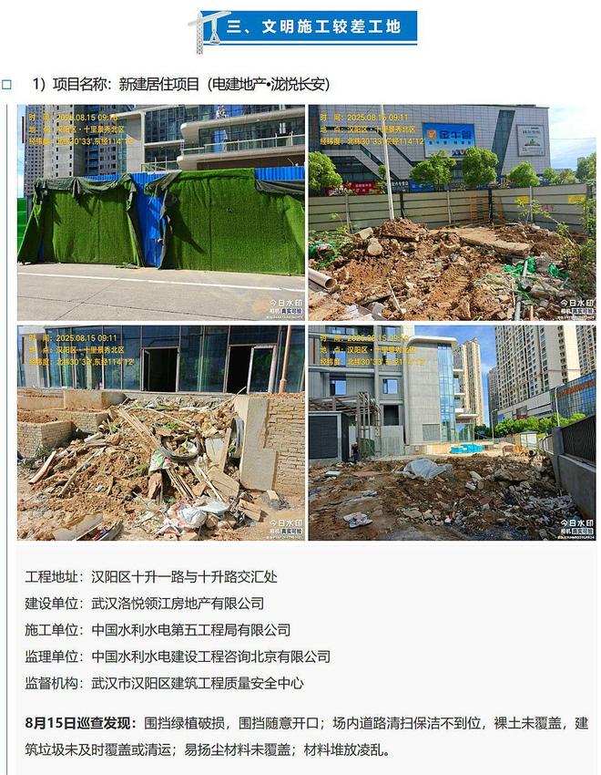 文明施工较差武汉市电建地产•泷悦长安项目被通报(图1)
