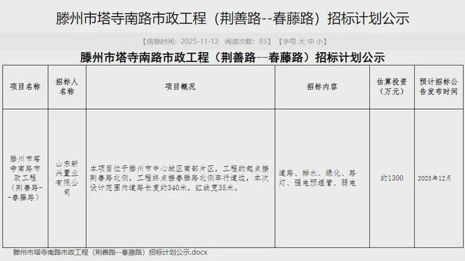 滕州塔寺南路市政工程（荆善路--春藤路）即将招标